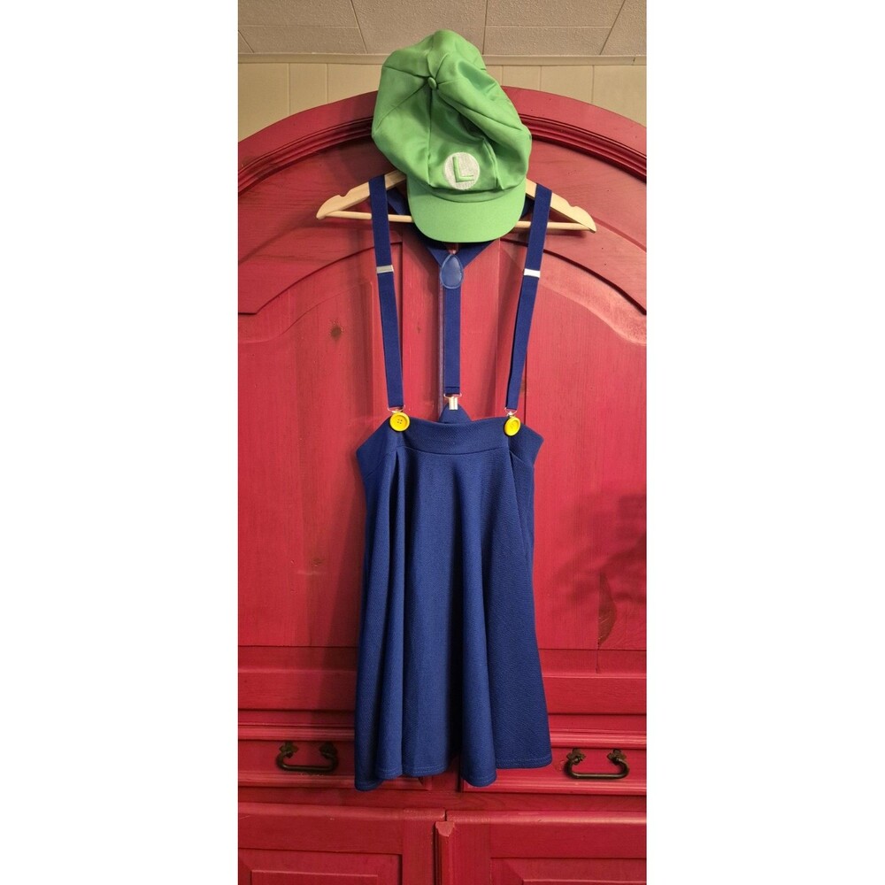 Urban CoCo Women XL Luigi Costume Set Blue Suspender Skirt Green Hat Cosplay EUC